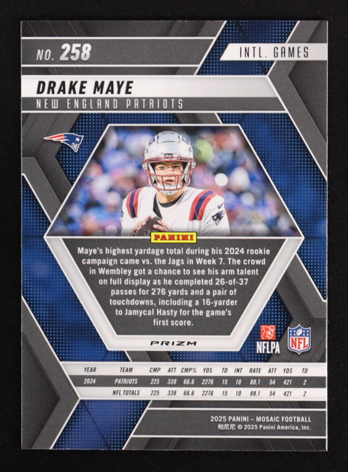 Drake Maye 2025 Panini Mosaic Mosaic Reactive Yellow #258 IG at PristineAuction.com Drake Maye 2025 Panini Mosaic Mosaic Reactive Yellow #258 IG at PristineAuction.com