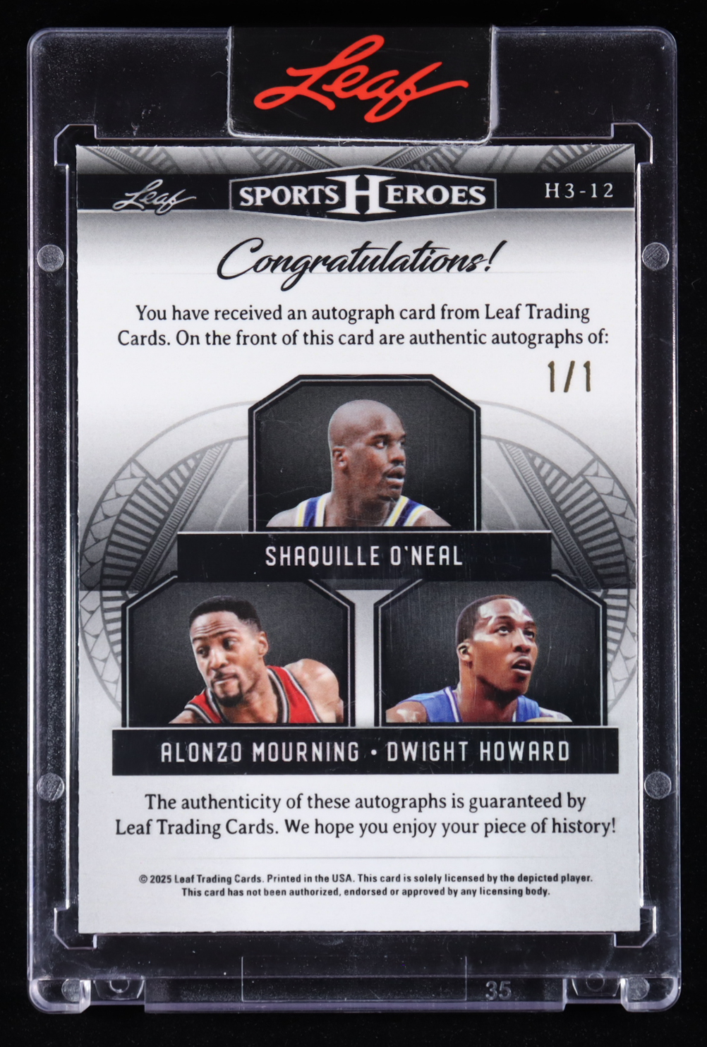 Shaquille O'Neal / Alonzo Mourning / Dwight Howard 2025 Leaf Sports Heroes Triple Autographs Crystal Gold #H312 #1/1 at PristineAuction.com Shaquille O'Neal / Alonzo Mourning / Dwight Howard 2025 Leaf Sports Heroes Triple Autographs Crystal Gold #H312 #1/1 at PristineAuction.com