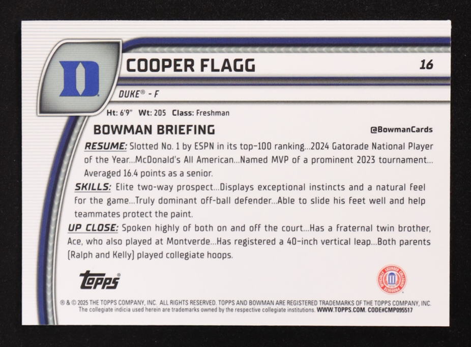 Cooper Flagg 2024-25 Bowman Chrome University #16 RC at PristineAuction.com Cooper Flagg 2024-25 Bowman Chrome University #16 RC at PristineAuction.com