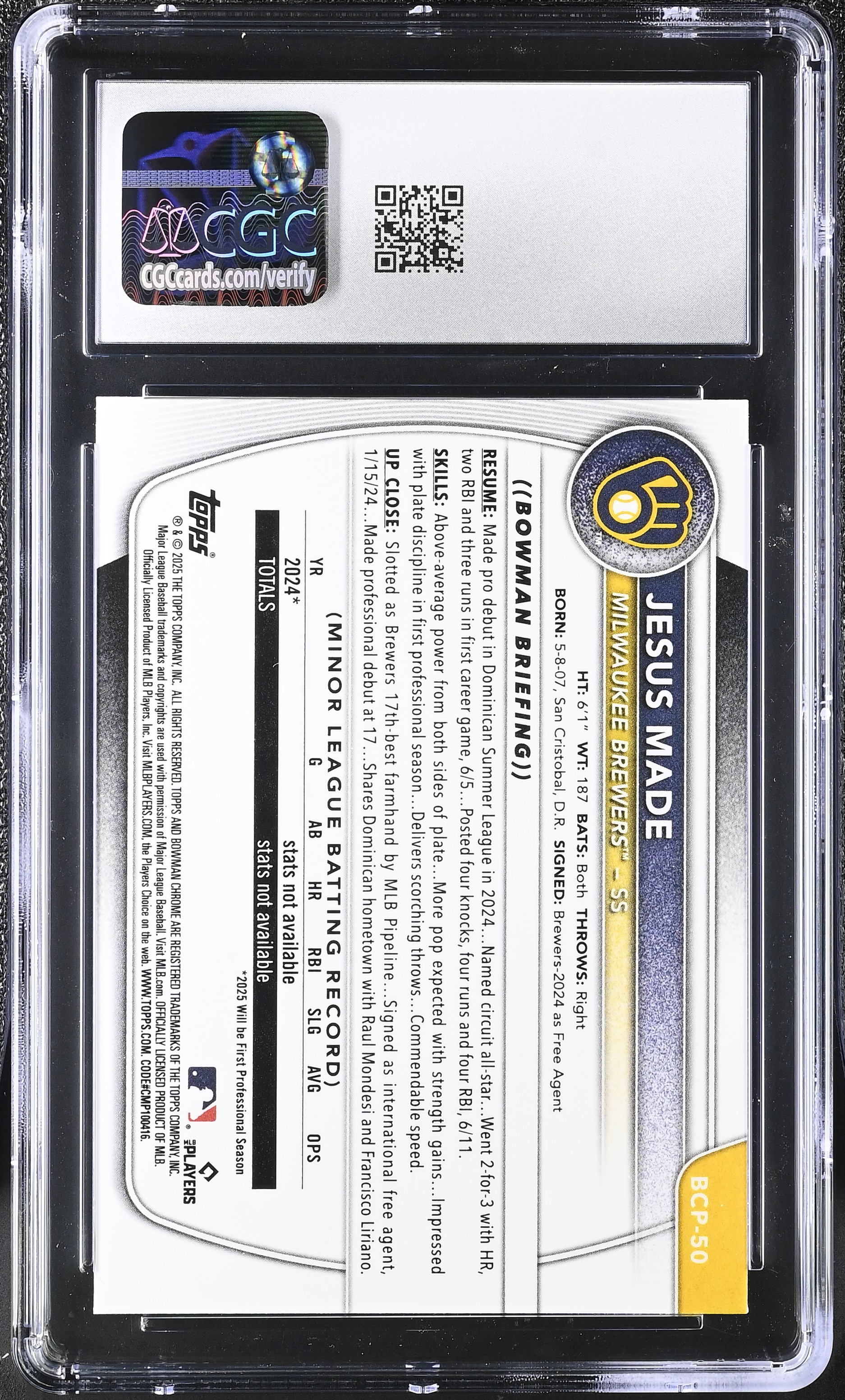 Jesus Made 2025 Bowman Chrome Prospects #BCP50 RC (CGC 10) at PristineAuction.com Jesus Made 2025 Bowman Chrome Prospects #BCP50 RC (CGC 10) at PristineAuction.com