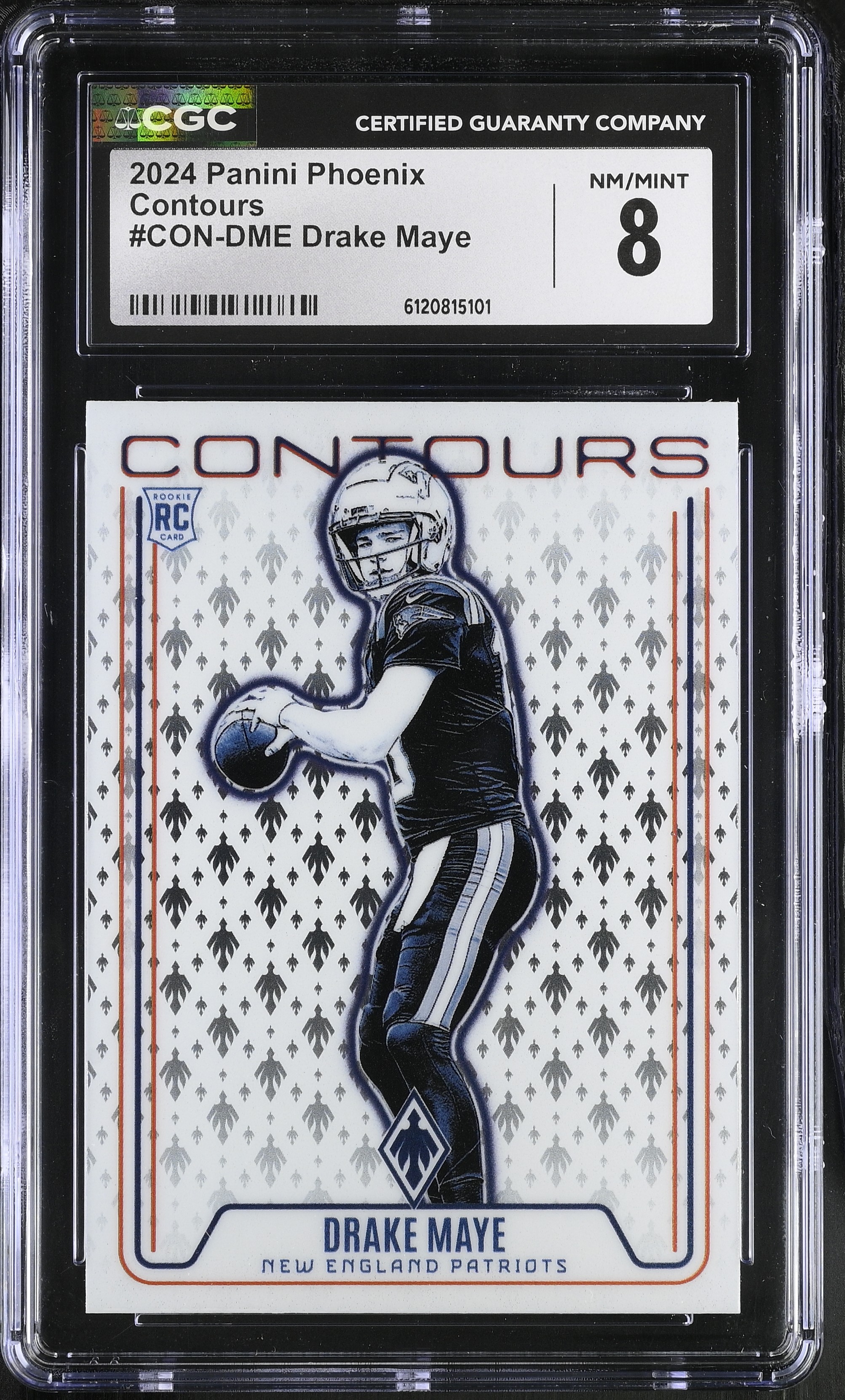 Drake Maye 2024 Panini Phoenix Contours #CONDME RC (CGC 8) at PristineAuction.com Drake Maye 2024 Panini Phoenix Contours #CONDME RC (CGC 8) at PristineAuction.com