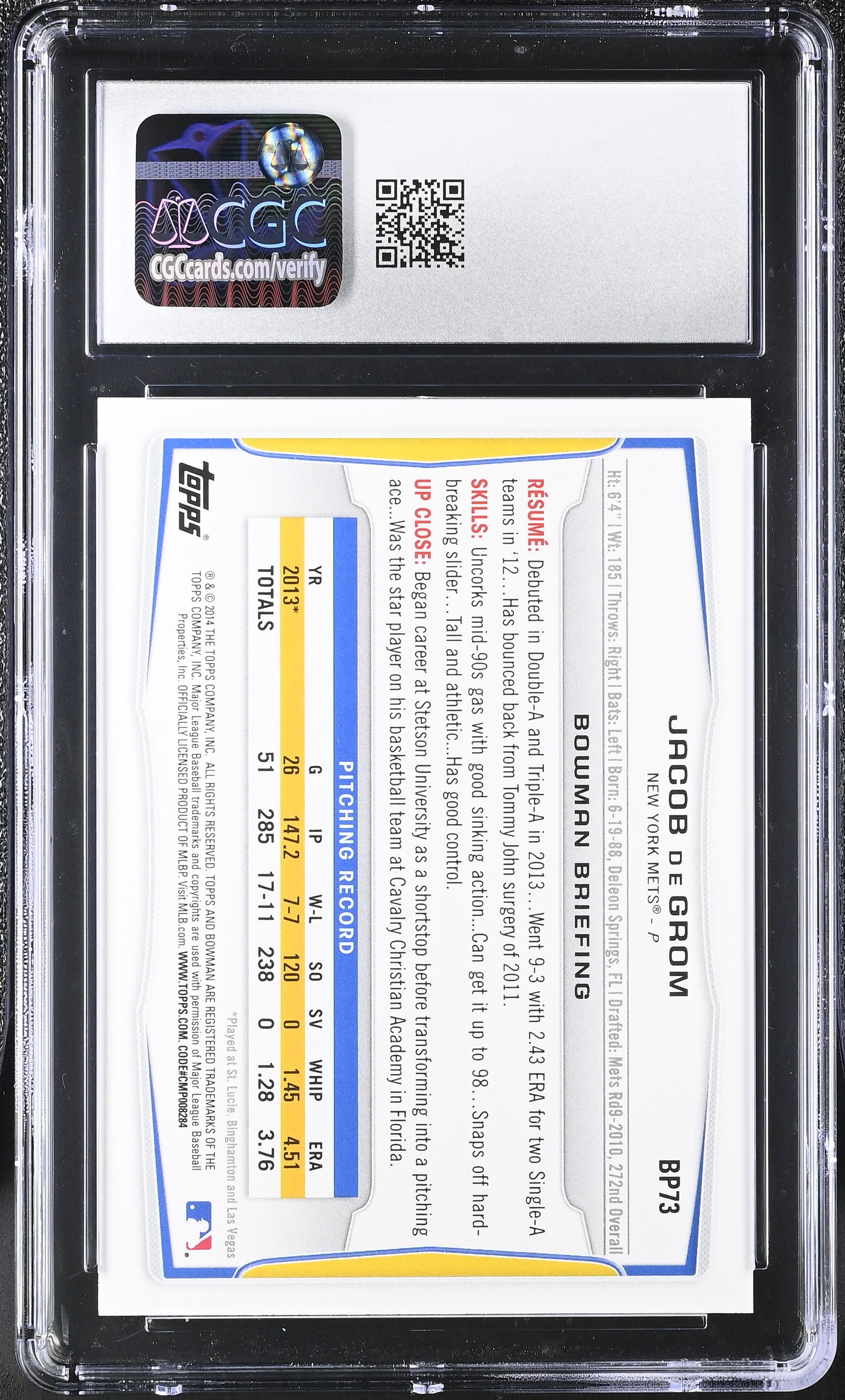Jacob DeGrom 2014 Bowman Prospects #BP73 RC (CGC 10) at PristineAuction.com Jacob DeGrom 2014 Bowman Prospects #BP73 RC (CGC 10) at PristineAuction.com