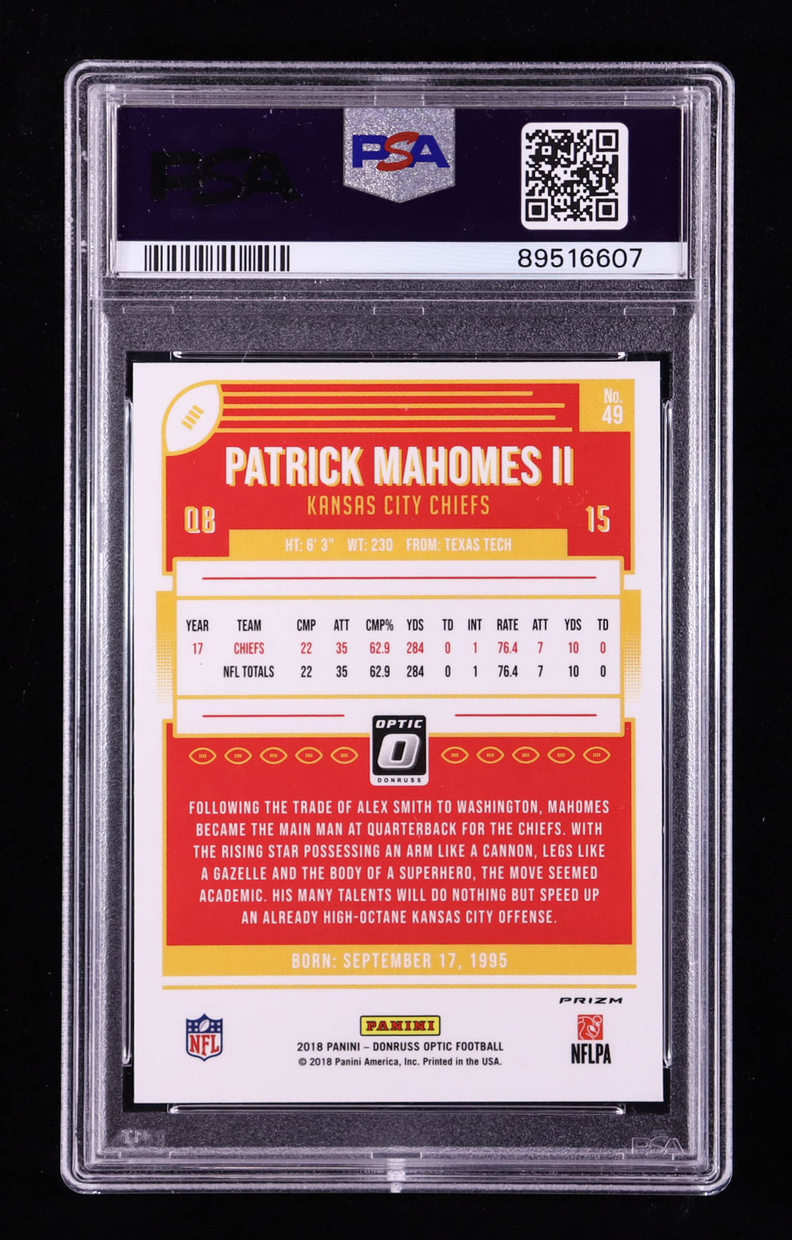 Patrick Mahomes II 2018 Donruss Optic Holo #49 (PSA 9) at PristineAuction.com Patrick Mahomes II 2018 Donruss Optic Holo #49 (PSA 9) at PristineAuction.com