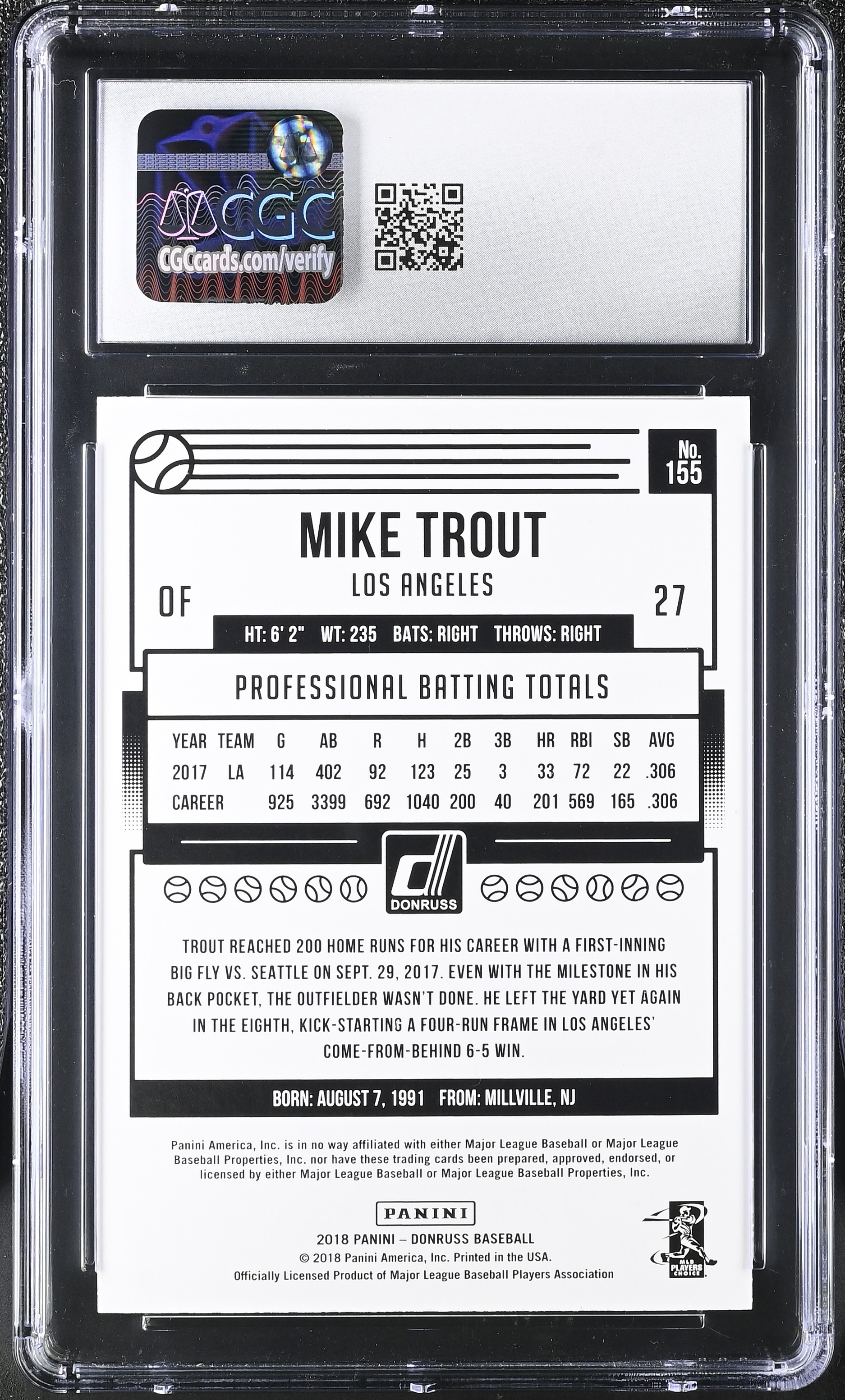 Mike Trout 2018 Donruss Holo Blue #155 (CGC 10) at PristineAuction.com Mike Trout 2018 Donruss Holo Blue #155 (CGC 10) at PristineAuction.com