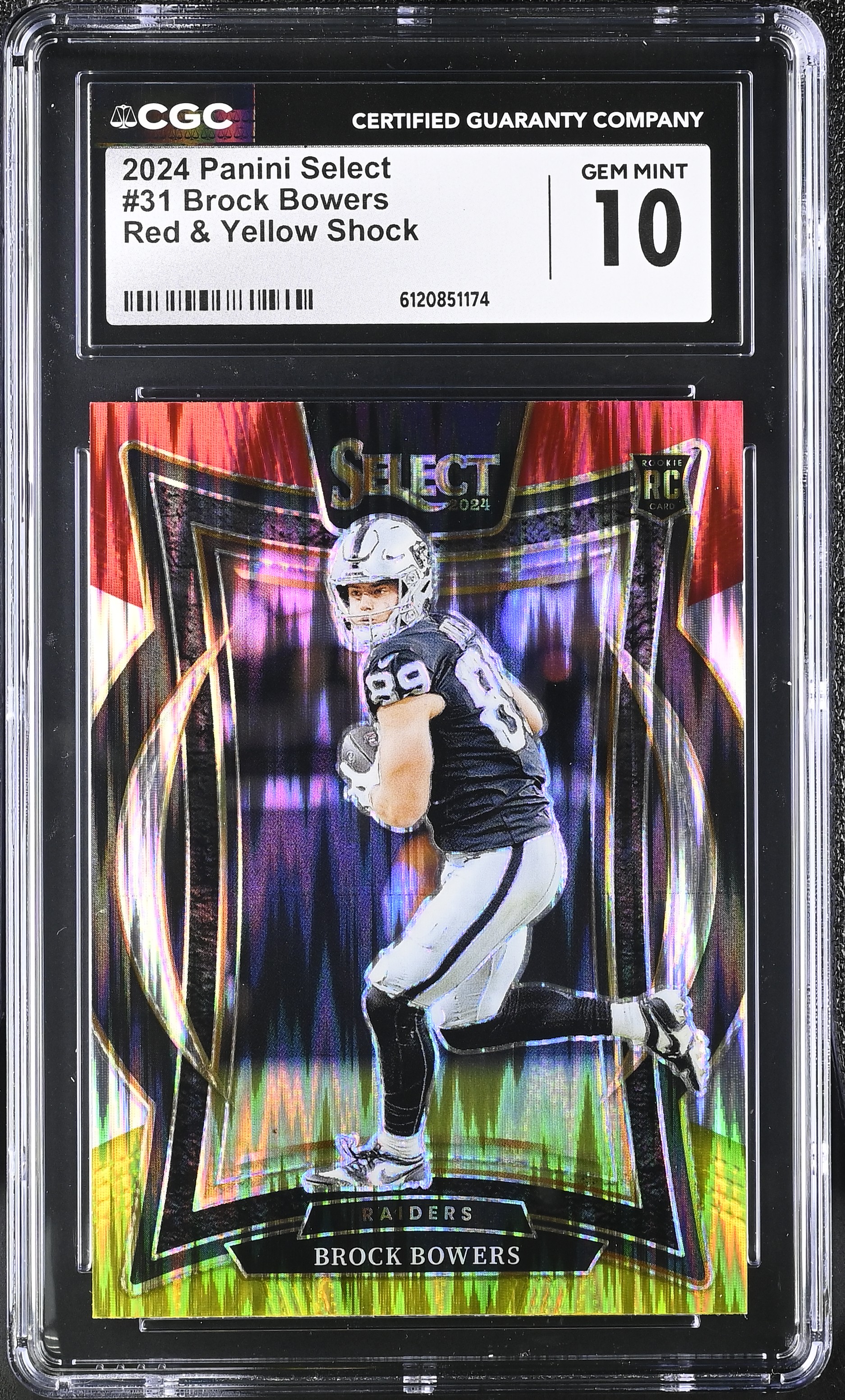 Brock Bowers 2024 Select Prizm Red and Yellow Shock #31 RC (CGC 10) at PristineAuction.com Brock Bowers 2024 Select Prizm Red and Yellow Shock #31 RC (CGC 10) at PristineAuction.com