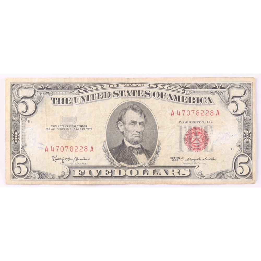 1963 $5 United States Treasury Red Seal Silver Certificate Paper Bank Note at PristineAuction.com