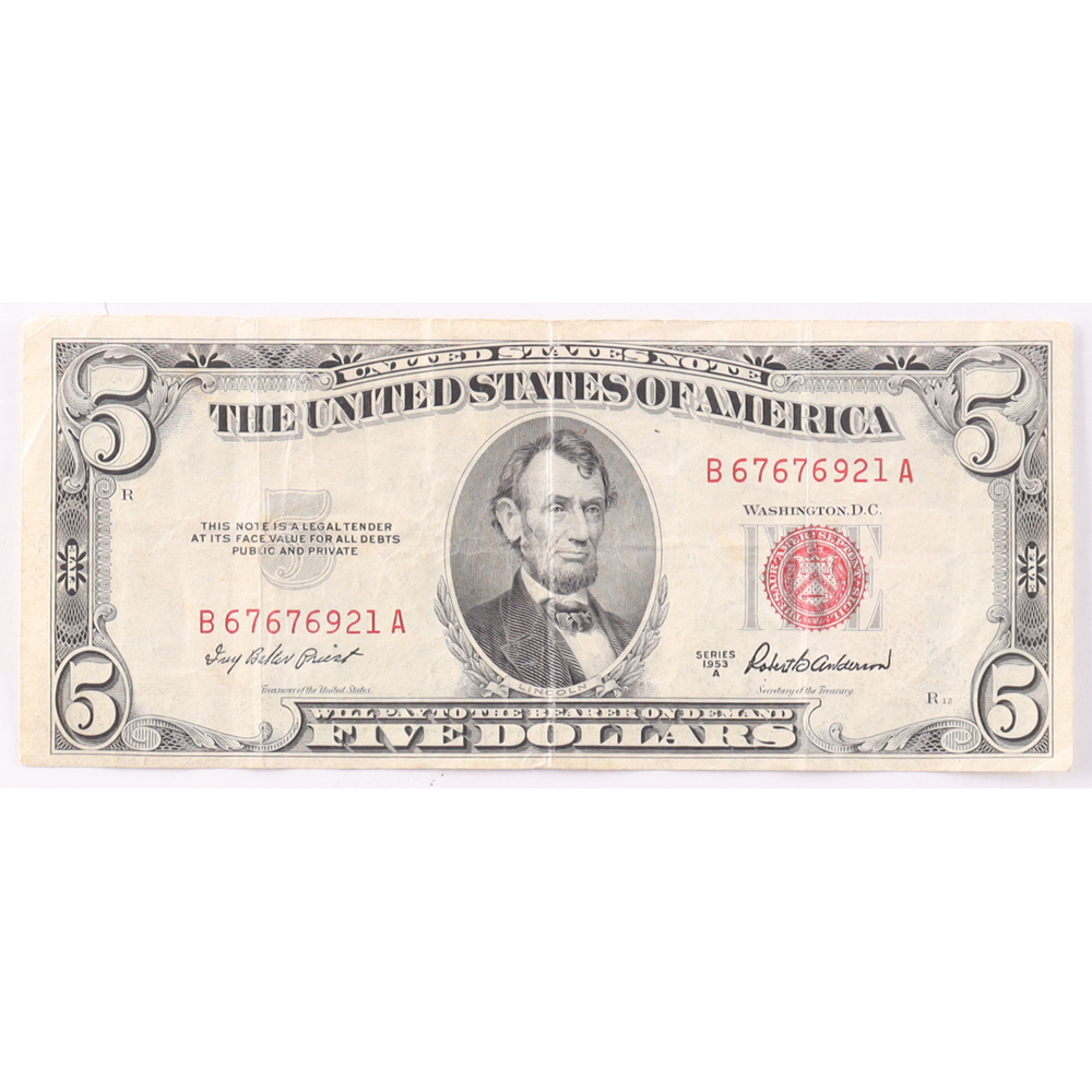 1953-A $5 United States Treasury Red Seal Silver Certificate Paper Bank Note at PristineAuction.com