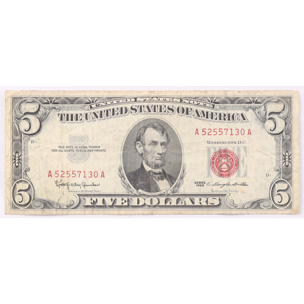 1963 $5 United States Treasury Red Seal Silver Certificate Paper Bank Note at PristineAuction.com
