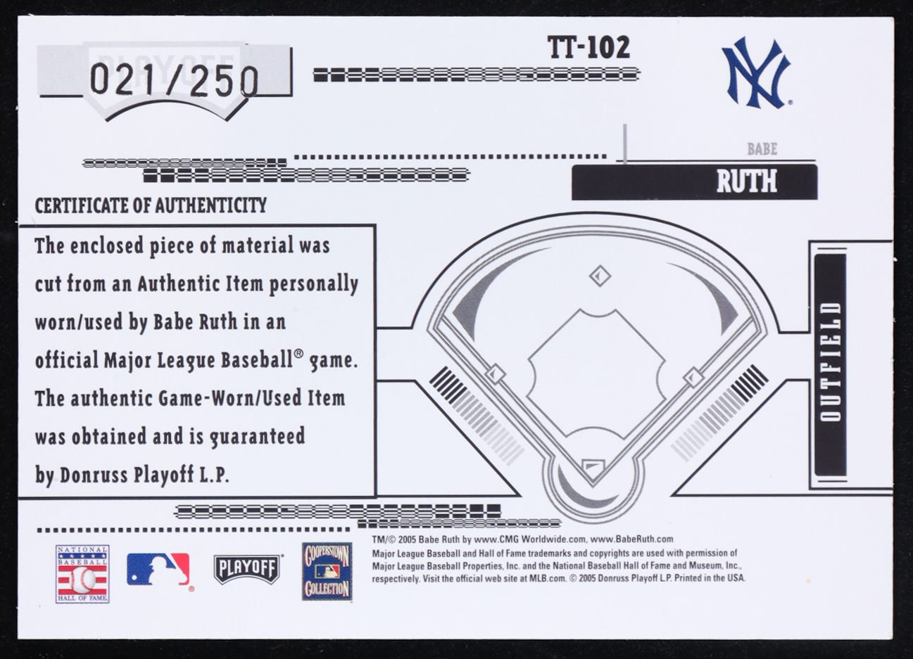 Babe Ruth 2005 Absolute Memorabilia Tools of the Trade Bat #TT102 #021/250 at PristineAuction.com Babe Ruth 2005 Absolute Memorabilia Tools of the Trade Bat #TT102 #021/250 at PristineAuction.com