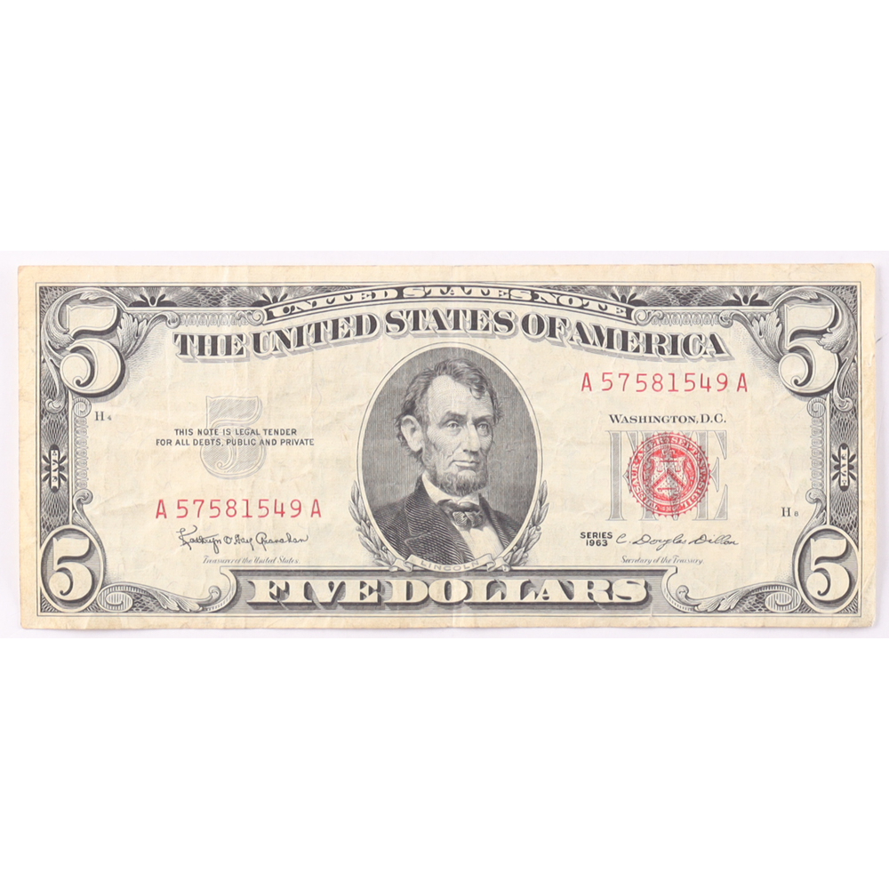 1963 $5 United States Treasury Red Seal Silver Certificate Paper Bank Note at PristineAuction.com