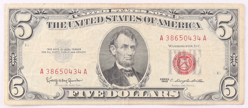 1963 $5 United States Treasury Red Seal Silver Certificate Paper Bank Note at PristineAuction.com 1963 $5 United States Treasury Red Seal Silver Certificate Paper Bank Note at PristineAuction.com