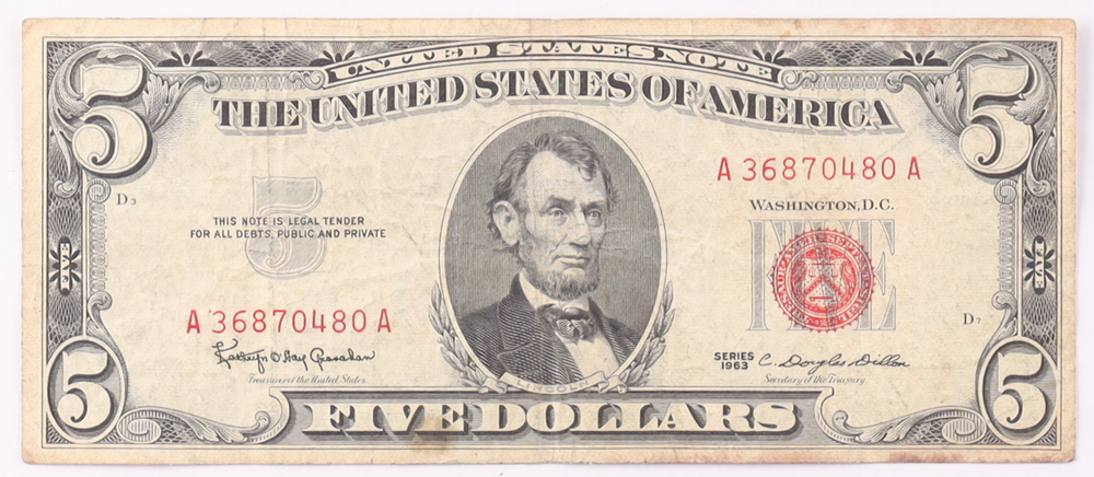 1963 $5 United States Treasury Red Seal Silver Certificate Paper Bank Note at PristineAuction.com 1963 $5 United States Treasury Red Seal Silver Certificate Paper Bank Note at PristineAuction.com