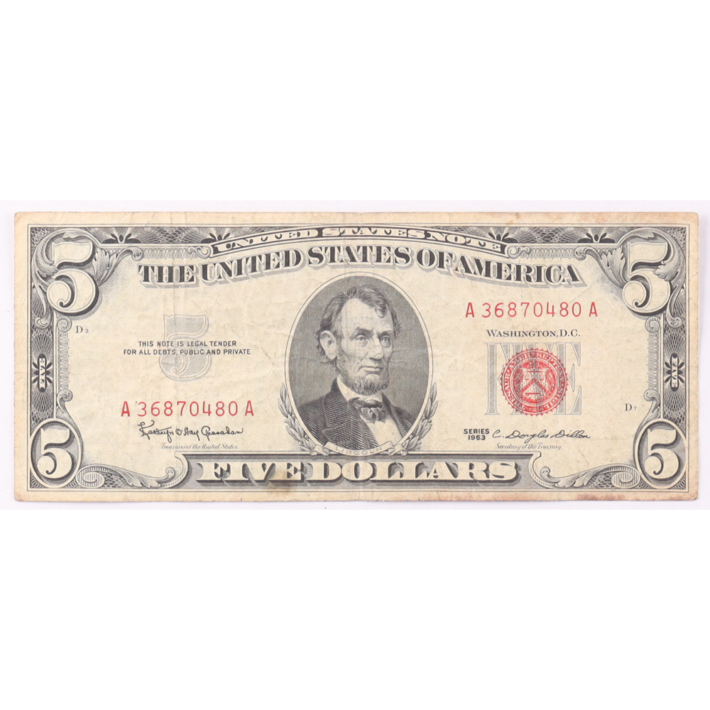 1963 $5 United States Treasury Red Seal Silver Certificate Paper Bank Note at PristineAuction.com