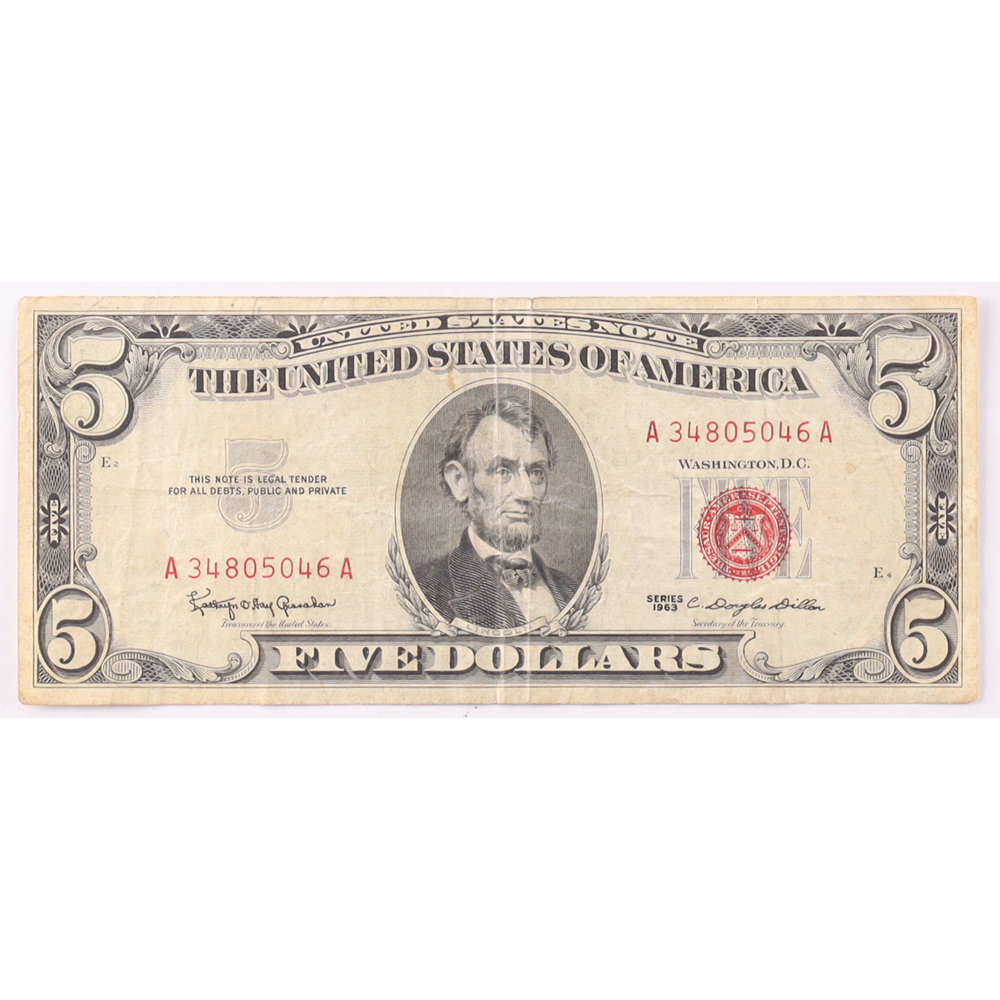 1963 $5 United States Treasury Red Seal Silver Certificate Paper Bank Note at PristineAuction.com