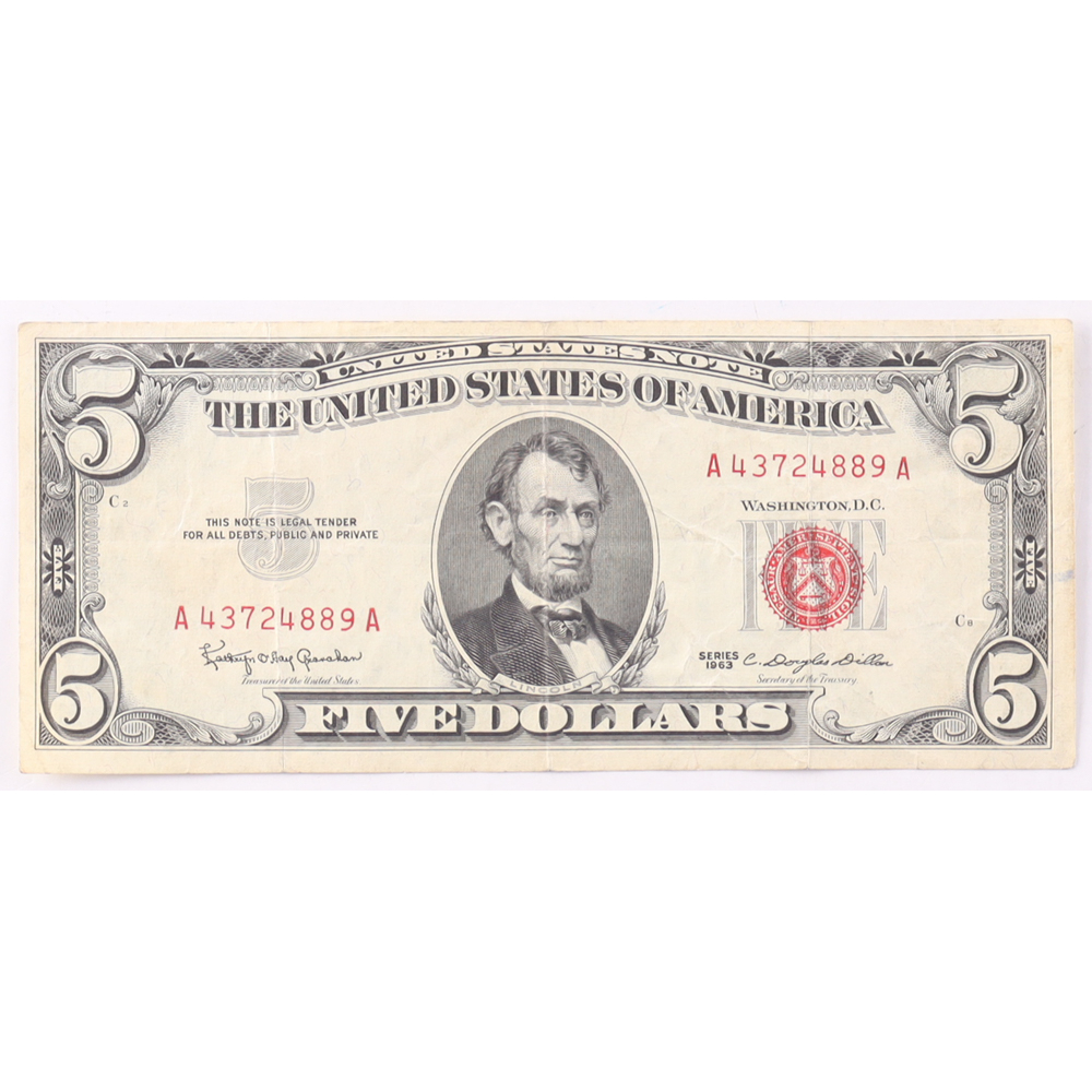 1963 $5 United States Treasury Red Seal Silver Certificate Paper Bank Note at PristineAuction.com