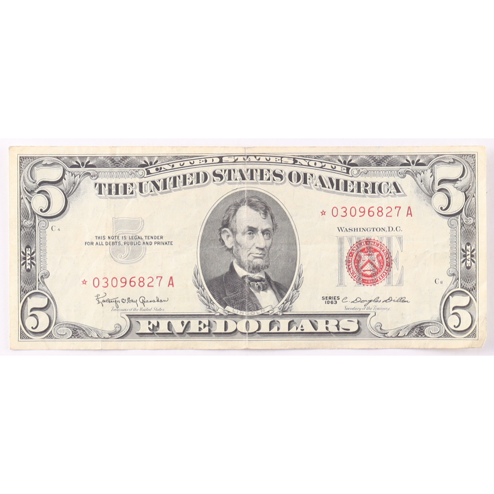 1963 $5 United States Treasury Red Seal Silver Certificate Paper Bank Note at PristineAuction.com