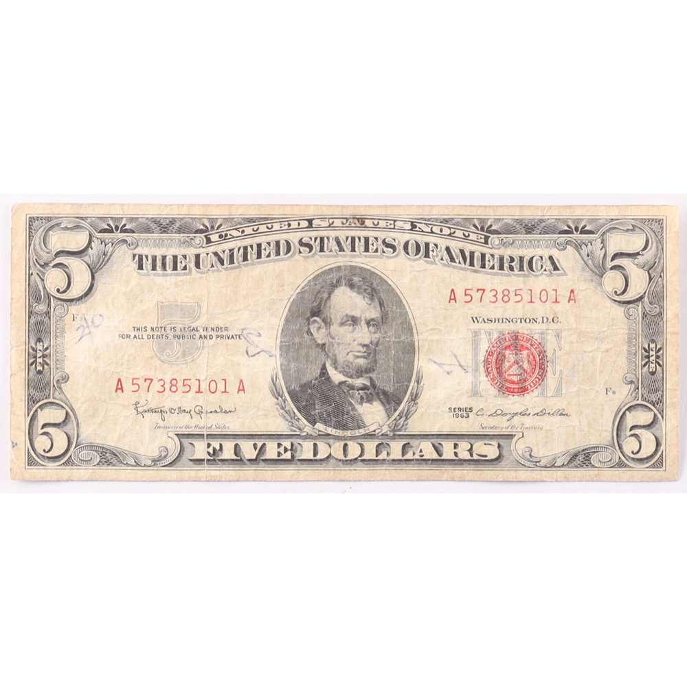 1963 $5 United States Treasury Red Seal Silver Certificate Paper Bank Note at PristineAuction.com