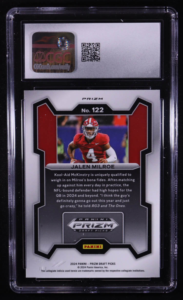Jalen Milroe 2024 Panini Prizm Draft Picks Prizms Ruby Wave #122 (CGC 8.5) at PristineAuction.com Jalen Milroe 2024 Panini Prizm Draft Picks Prizms Ruby Wave #122 (CGC 8.5) at PristineAuction.com