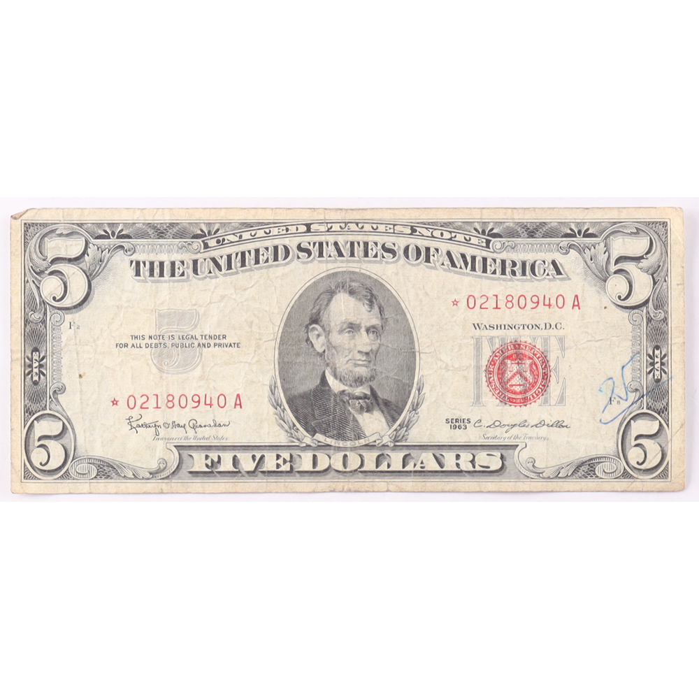 1963 $5 United States Treasury Red Seal Silver Certificate Paper Bank Note at PristineAuction.com