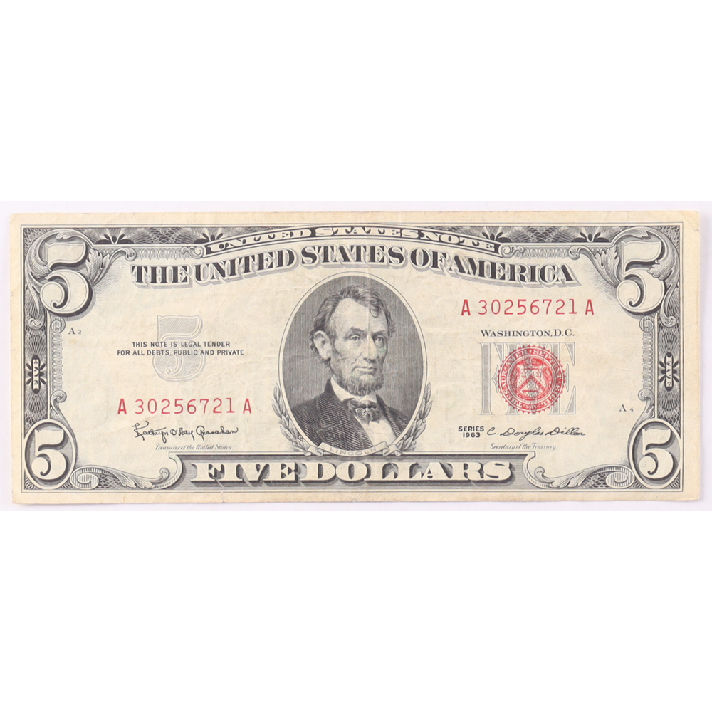 1963 $5 United States Treasury Red Seal Silver Certificate Paper Bank Note at PristineAuction.com