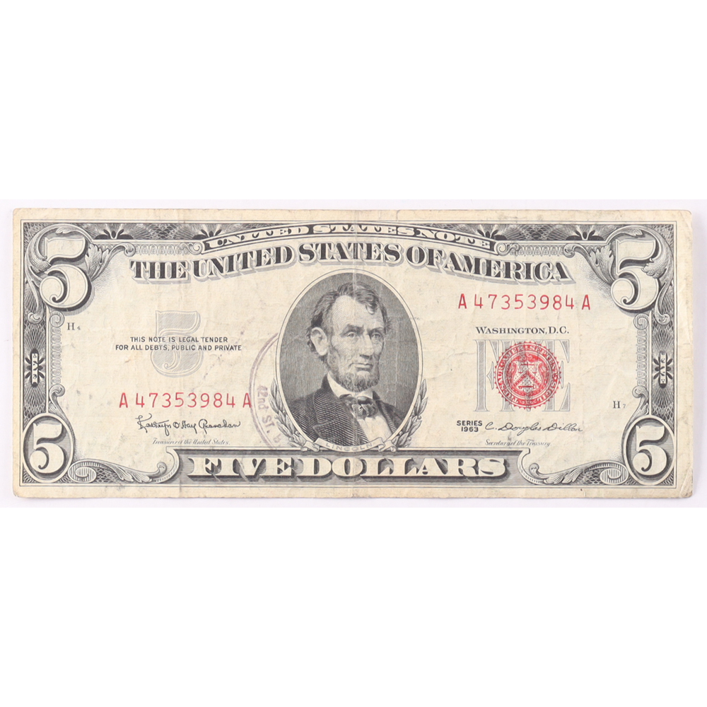 1963 $5 United States Treasury Red Seal Silver Certificate Paper Bank Note at PristineAuction.com