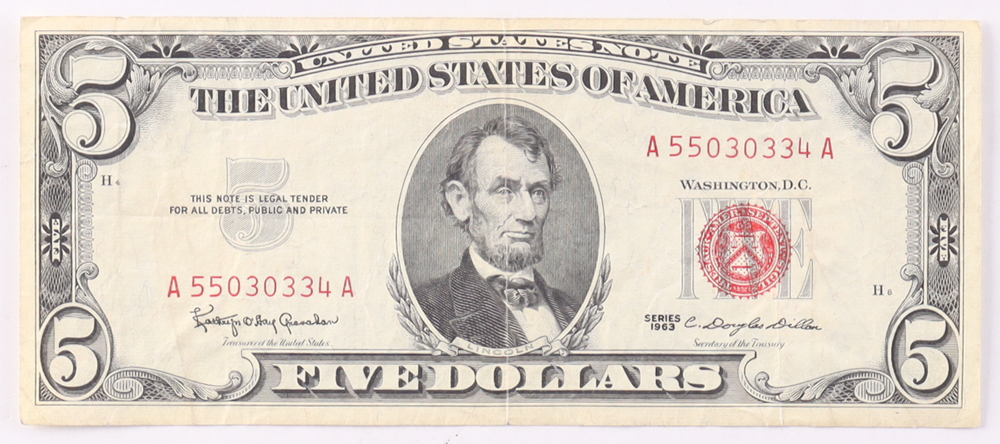 1963 $5 United States Treasury Red Seal Silver Certificate Paper Bank Note at PristineAuction.com 1963 $5 United States Treasury Red Seal Silver Certificate Paper Bank Note at PristineAuction.com