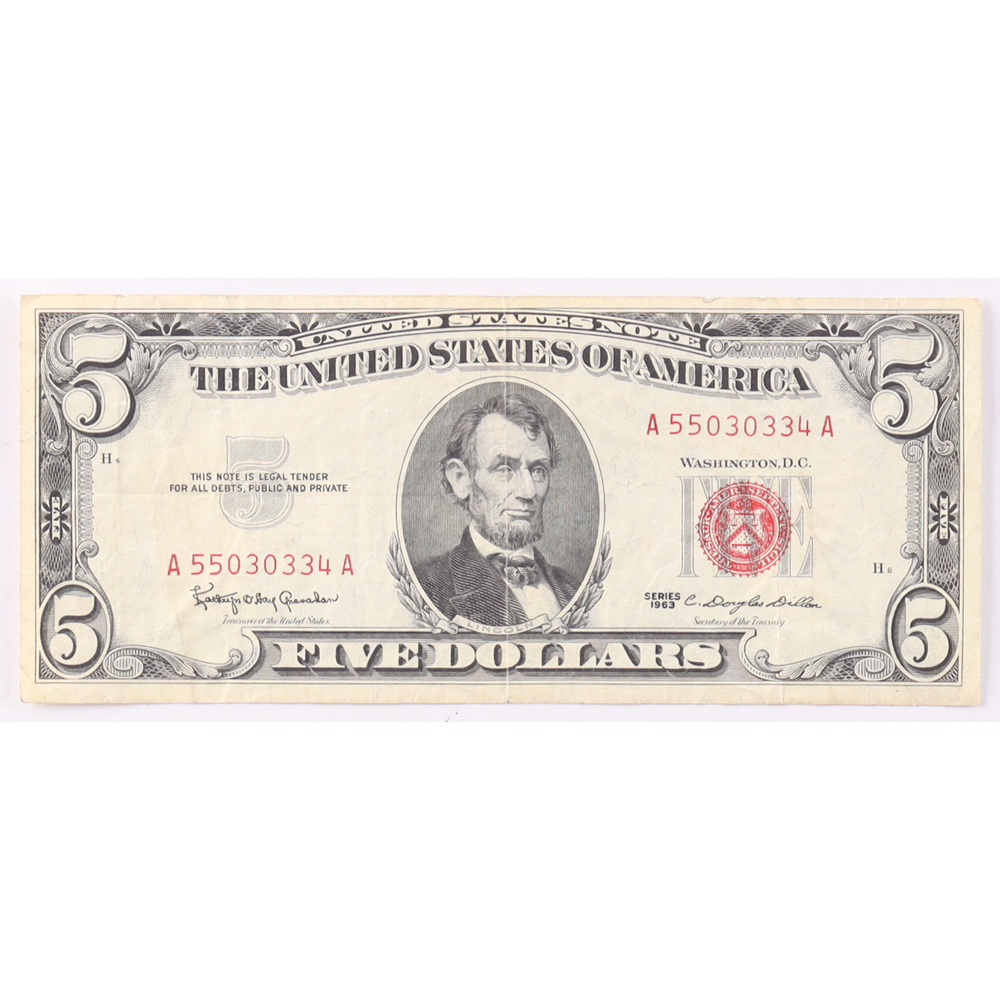 1963 $5 United States Treasury Red Seal Silver Certificate Paper Bank Note at PristineAuction.com