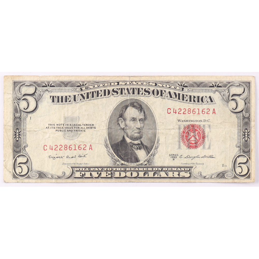 1953-B $5 United States Treasury Red Seal Silver Certificate Paper Bank Note at PristineAuction.com