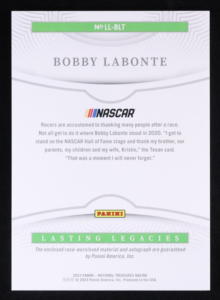 Bobby Labonte 2023 Panini National Treasures Lasting Legacies Material Autographs #15 #97/99 at PristineAuction.com Bobby Labonte 2023 Panini National Treasures Lasting Legacies Material Autographs #15 #97/99 at PristineAuction.com
