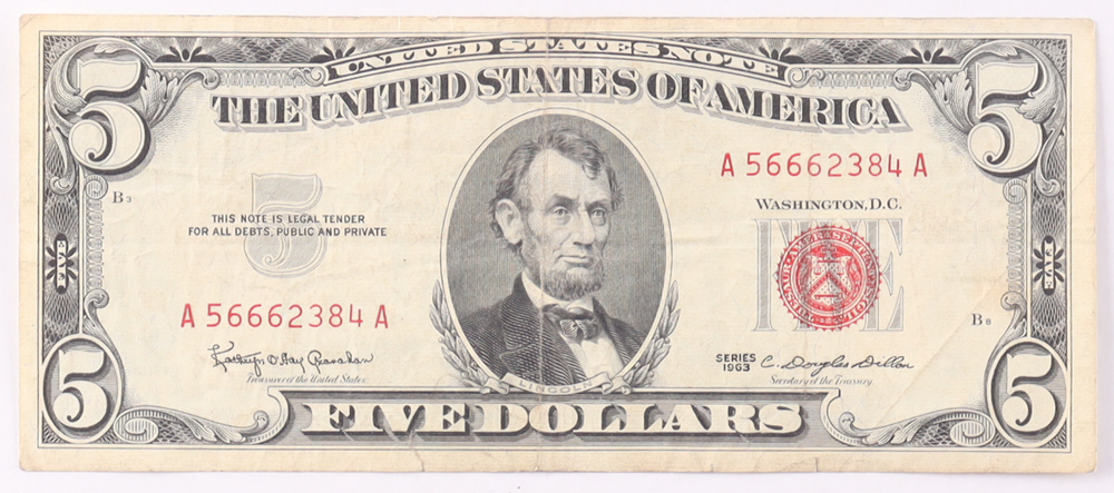 1963 $5 United States Treasury Red Seal Silver Certificate Paper Bank Note at PristineAuction.com 1963 $5 United States Treasury Red Seal Silver Certificate Paper Bank Note at PristineAuction.com