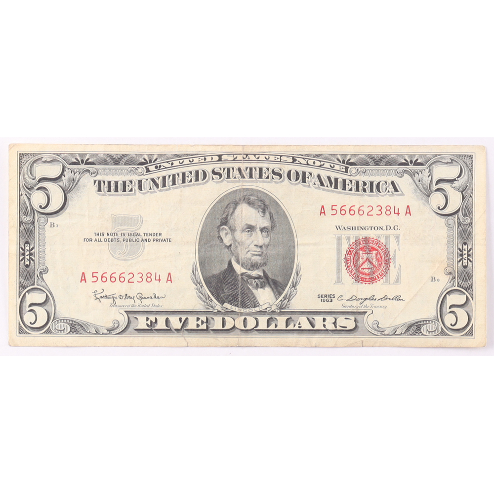 1963 $5 United States Treasury Red Seal Silver Certificate Paper Bank Note at PristineAuction.com