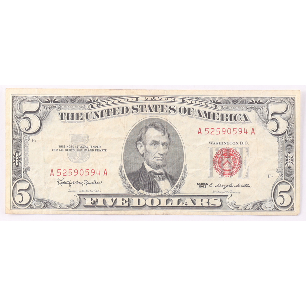 1963 $5 United States Treasury Red Seal Silver Certificate Paper Bank Note at PristineAuction.com