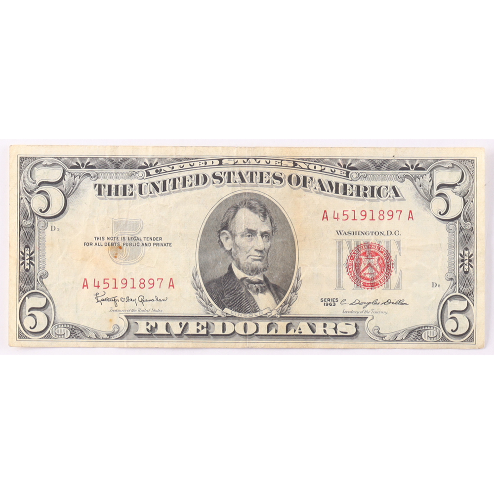1963 $5 United States Treasury Red Seal Silver Certificate Paper Bank Note at PristineAuction.com