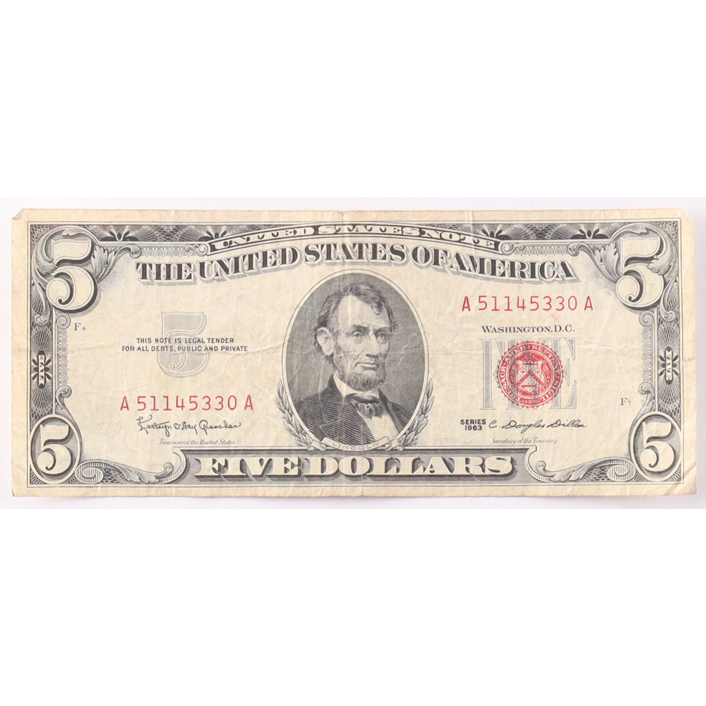 1963 $5 United States Treasury Red Seal Silver Certificate Paper Bank Note at PristineAuction.com