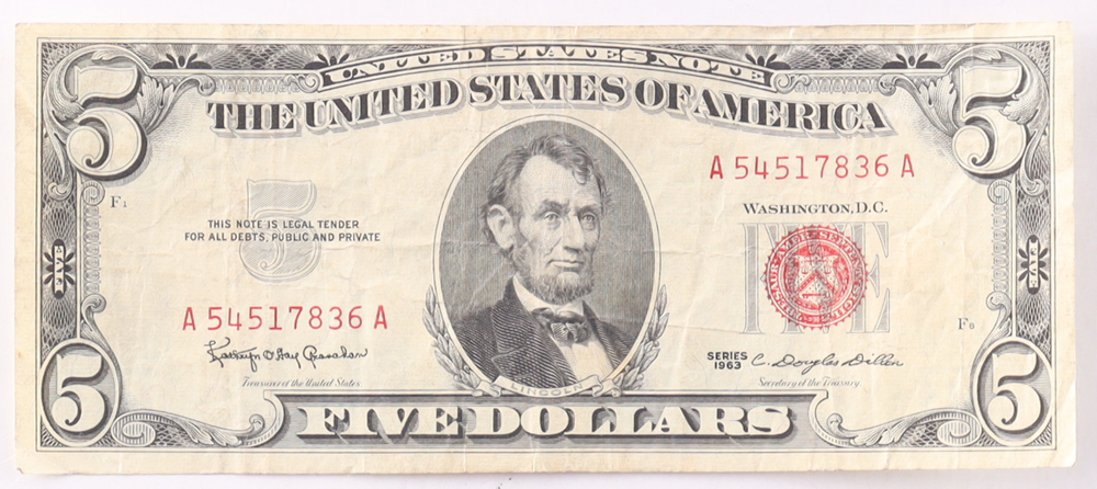 1963 $5 United States Treasury Red Seal Silver Certificate Paper Bank Note at PristineAuction.com 1963 $5 United States Treasury Red Seal Silver Certificate Paper Bank Note at PristineAuction.com