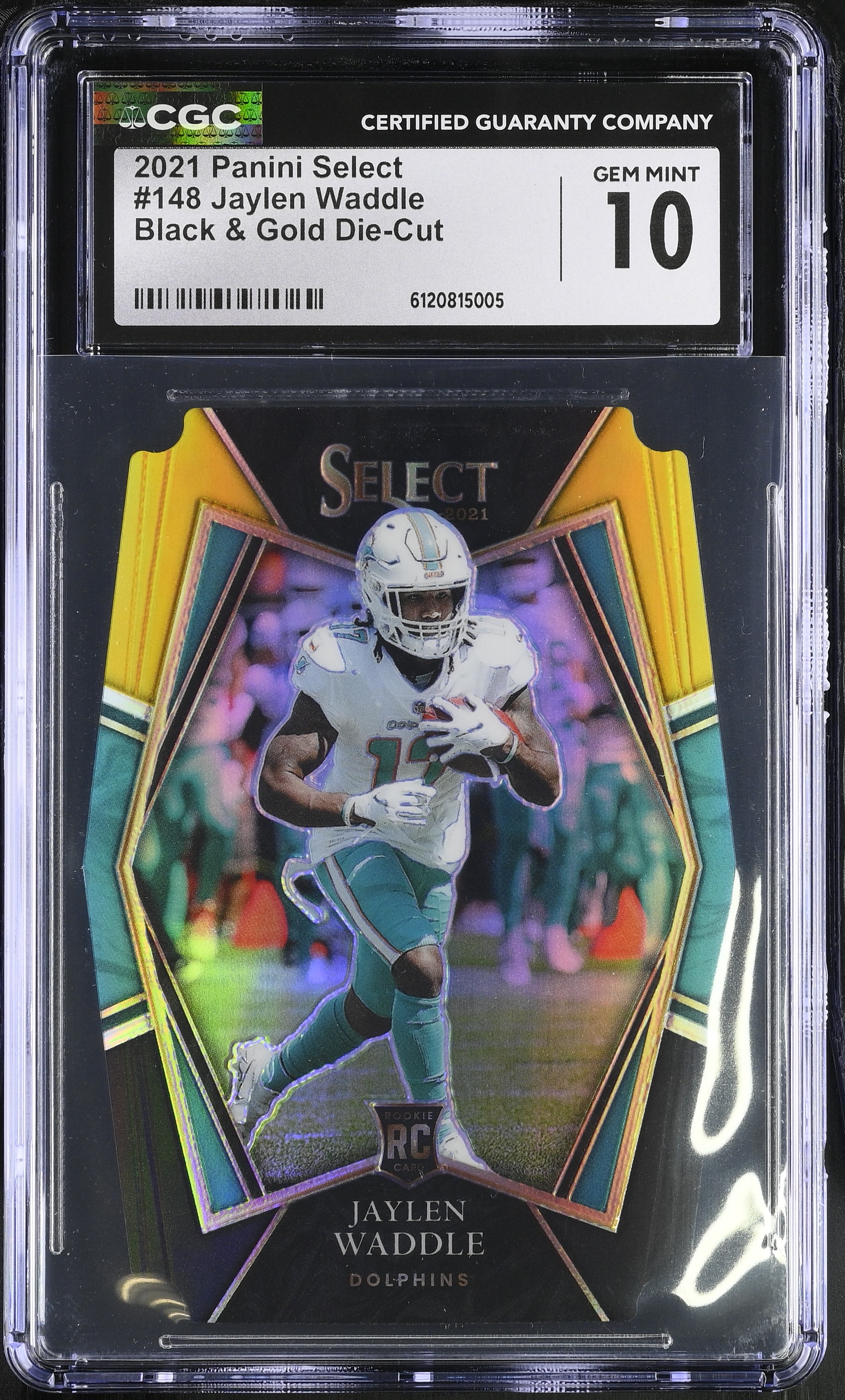 Jaylen Waddle 2021 Panini Select Black & Gold Die-Cut #148 RC (CGC 10) at PristineAuction.com Jaylen Waddle 2021 Panini Select Black & Gold Die-Cut #148 RC (CGC 10) at PristineAuction.com