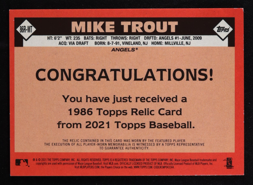 Mike Trout 2021 Topps '86 Topps Relics Black #86RMT #122/199 at PristineAuction.com Mike Trout 2021 Topps '86 Topps Relics Black #86RMT #122/199 at PristineAuction.com
