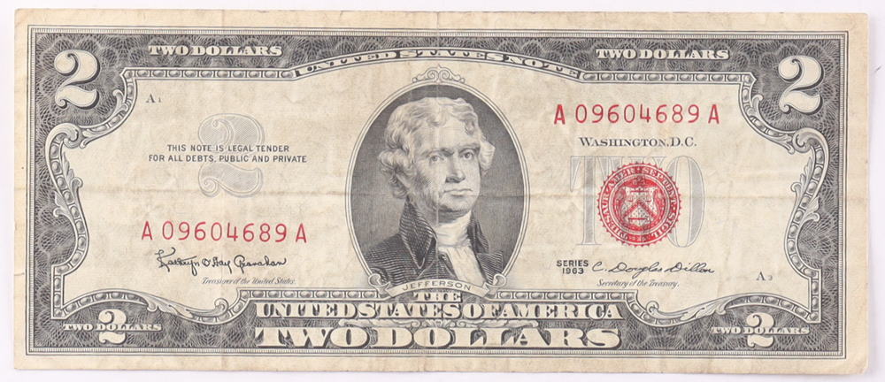 1963 $2 United States Treasury Red Seal Silver Certificate Paper Bank Note at PristineAuction.com 1963 $2 United States Treasury Red Seal Silver Certificate Paper Bank Note at PristineAuction.com