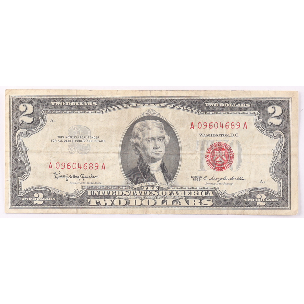 1963 $2 United States Treasury Red Seal Silver Certificate Paper Bank Note at PristineAuction.com