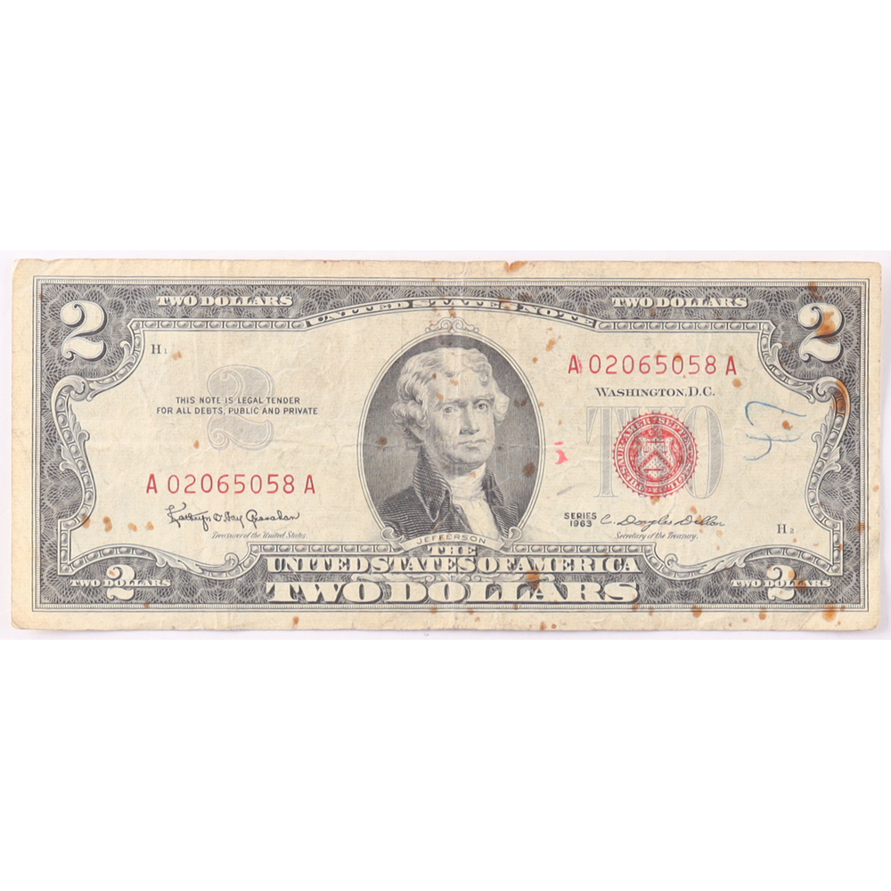 1963 $2 United States Treasury Red Seal Silver Certificate Paper Bank Note at PristineAuction.com
