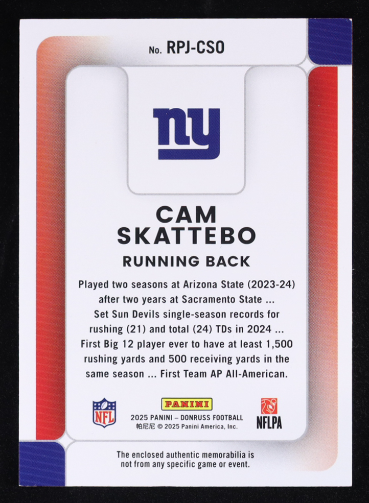 Cam Skattebo 2025 Donruss Rookie Phenom Jerseys #31 RC at PristineAuction.com Cam Skattebo 2025 Donruss Rookie Phenom Jerseys #31 RC at PristineAuction.com