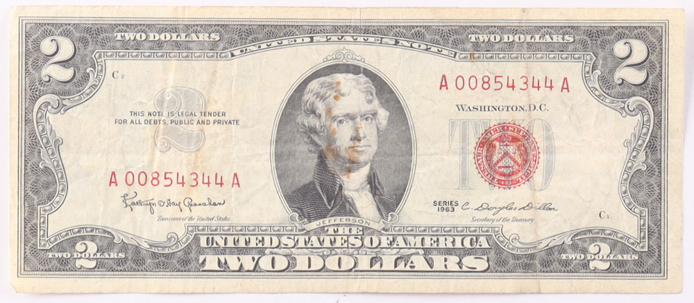 1963 $2 United States Treasury Red Seal Silver Certificate Paper Bank Note at PristineAuction.com 1963 $2 United States Treasury Red Seal Silver Certificate Paper Bank Note at PristineAuction.com