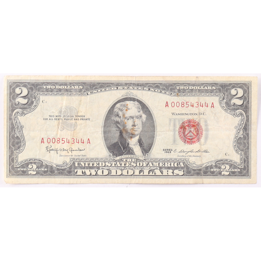 1963 $2 United States Treasury Red Seal Silver Certificate Paper Bank Note at PristineAuction.com