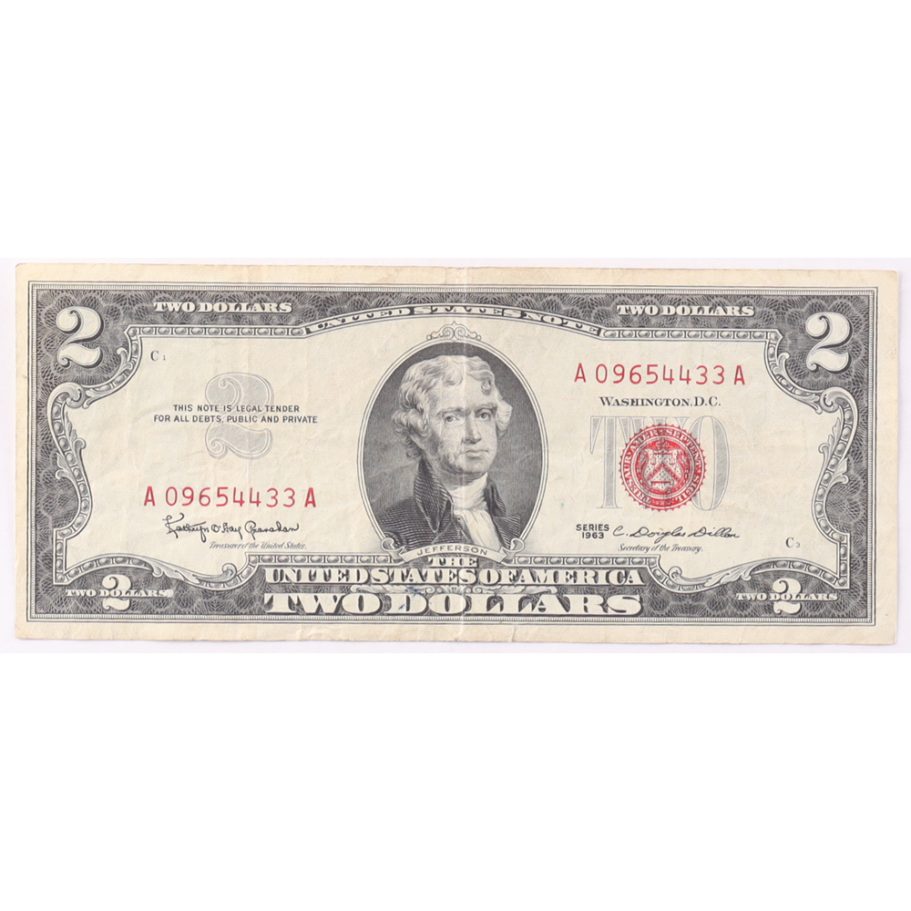 1963 $2 United States Treasury Red Seal Silver Certificate Paper Bank Note at PristineAuction.com