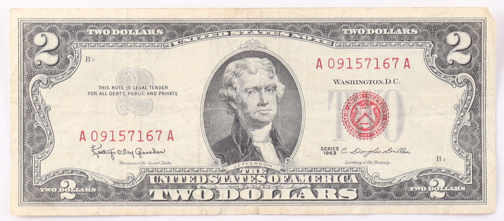 1963 $2 United States Treasury Red Seal Silver Certificate Paper Bank Note at PristineAuction.com 1963 $2 United States Treasury Red Seal Silver Certificate Paper Bank Note at PristineAuction.com
