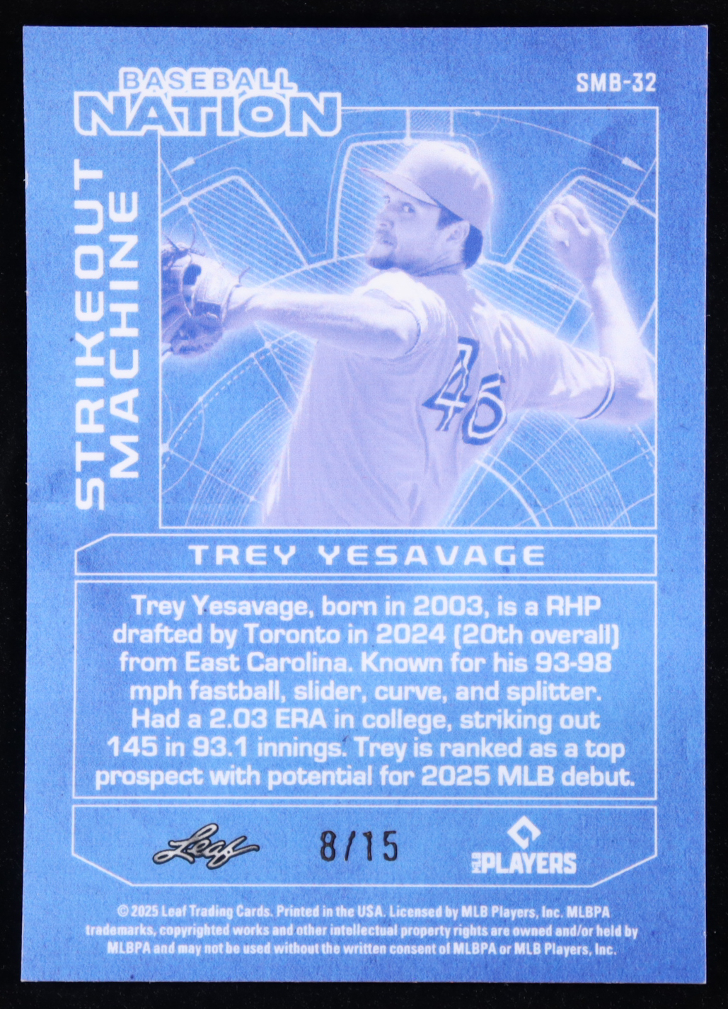 Trey Yesavage 2025 Leaf Baseball Nation Strikeout Machine Silver Shimmer #SMB32 #08/15 RC at PristineAuction.com Trey Yesavage 2025 Leaf Baseball Nation Strikeout Machine Silver Shimmer #SMB32 #08/15 RC at PristineAuction.com