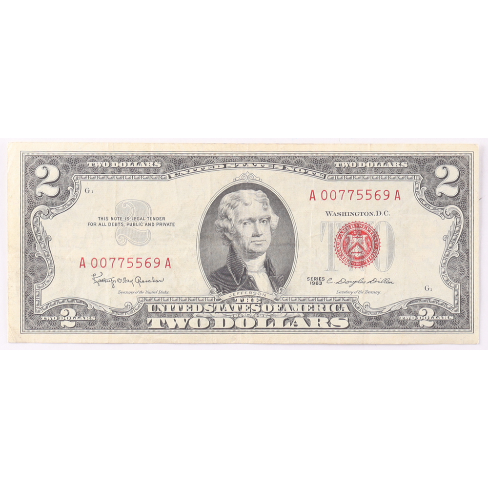 1963 $2 United States Treasury Red Seal Silver Certificate Paper Bank Note at PristineAuction.com