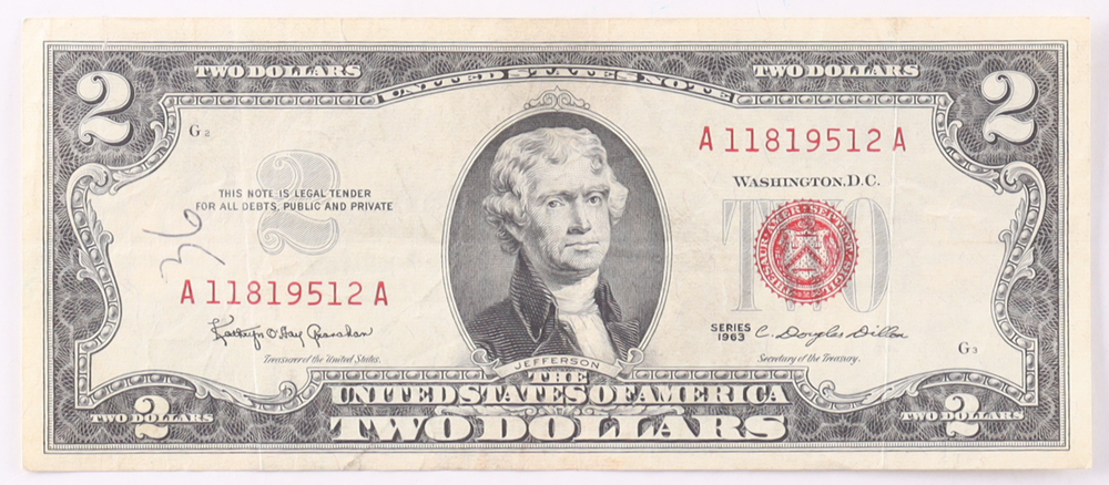 1963 $2 United States Treasury Red Seal Silver Certificate Paper Bank Note at PristineAuction.com 1963 $2 United States Treasury Red Seal Silver Certificate Paper Bank Note at PristineAuction.com
