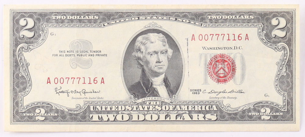 1963 $2 United States Treasury Red Seal Silver Certificate Paper Bank Note at PristineAuction.com 1963 $2 United States Treasury Red Seal Silver Certificate Paper Bank Note at PristineAuction.com