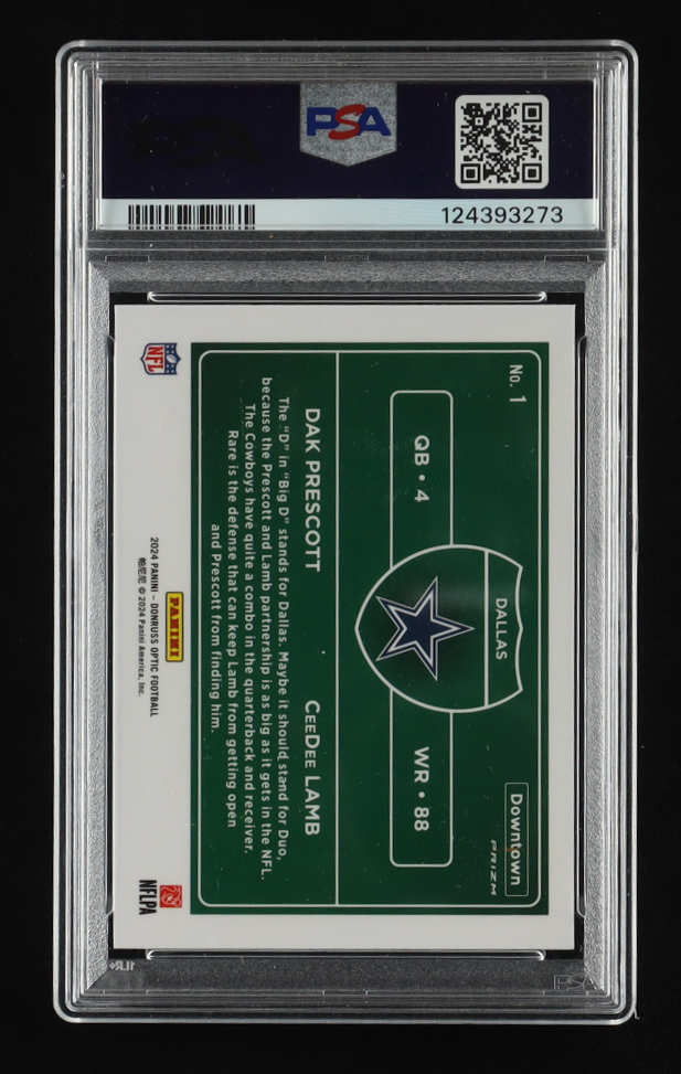 CeeDee Lamb / Dak Prescott 2024 Donruss Optic Downtown Duos #1 (PSA 9) at PristineAuction.com CeeDee Lamb / Dak Prescott 2024 Donruss Optic Downtown Duos #1 (PSA 9) at PristineAuction.com